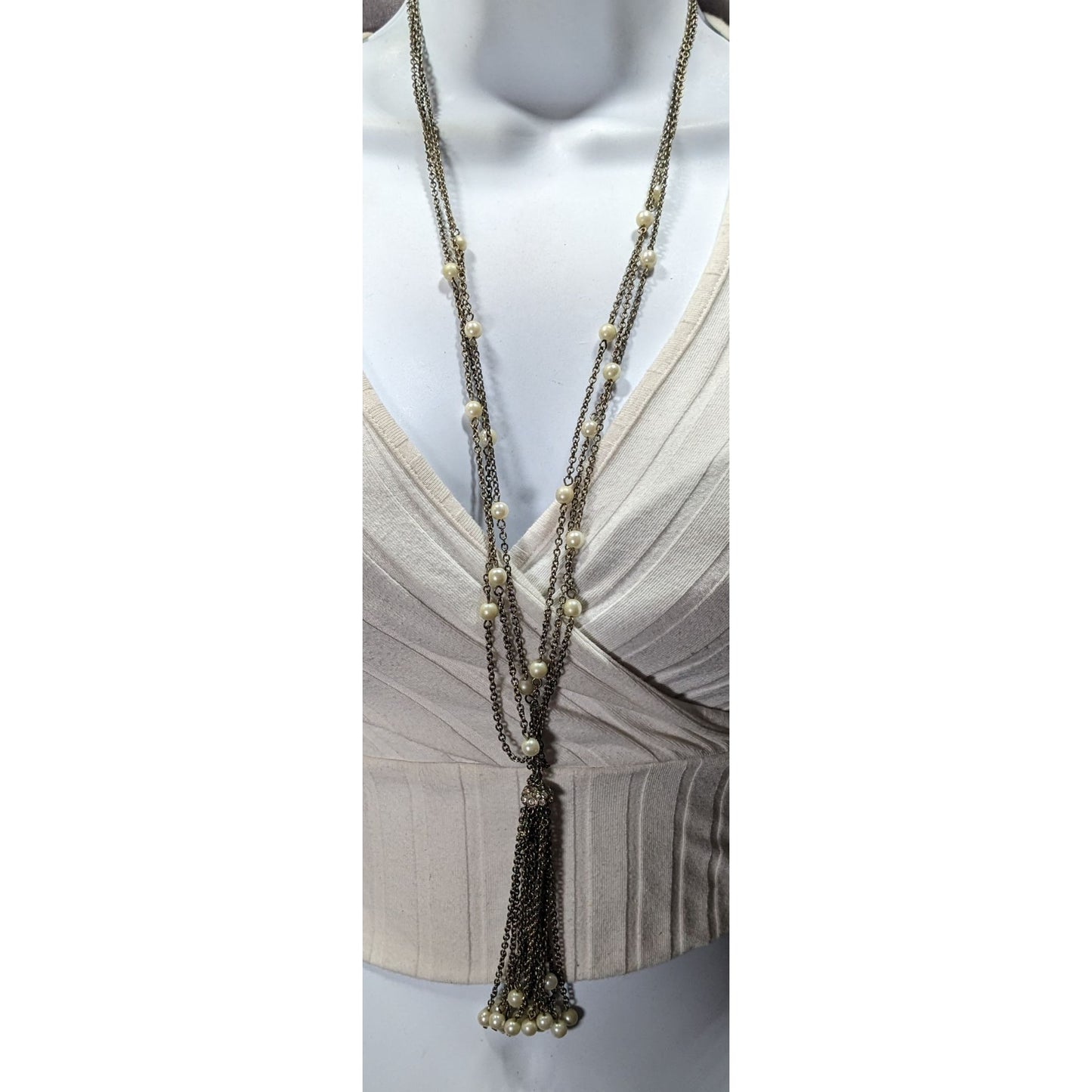 Vintage Multistrand Faux Pearl Chain Tassel Necklace With Rhinestone Accents