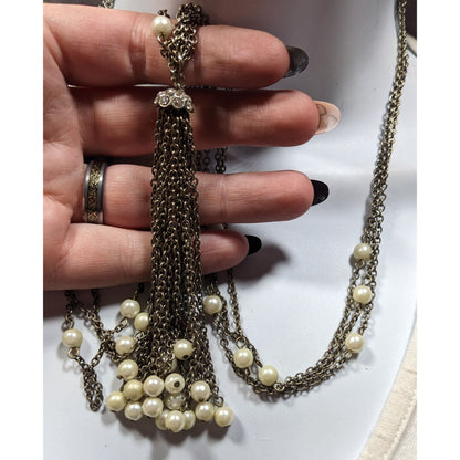 Vintage Multistrand Faux Pearl Chain Tassel Necklace With Rhinestone Accents