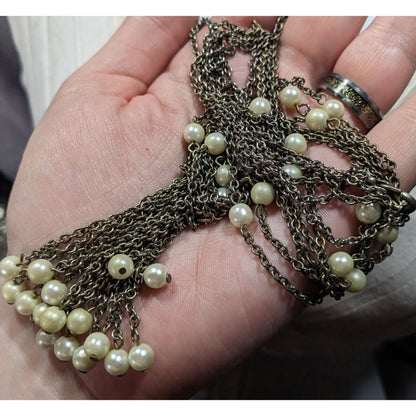Vintage Multistrand Faux Pearl Chain Tassel Necklace With Rhinestone Accents