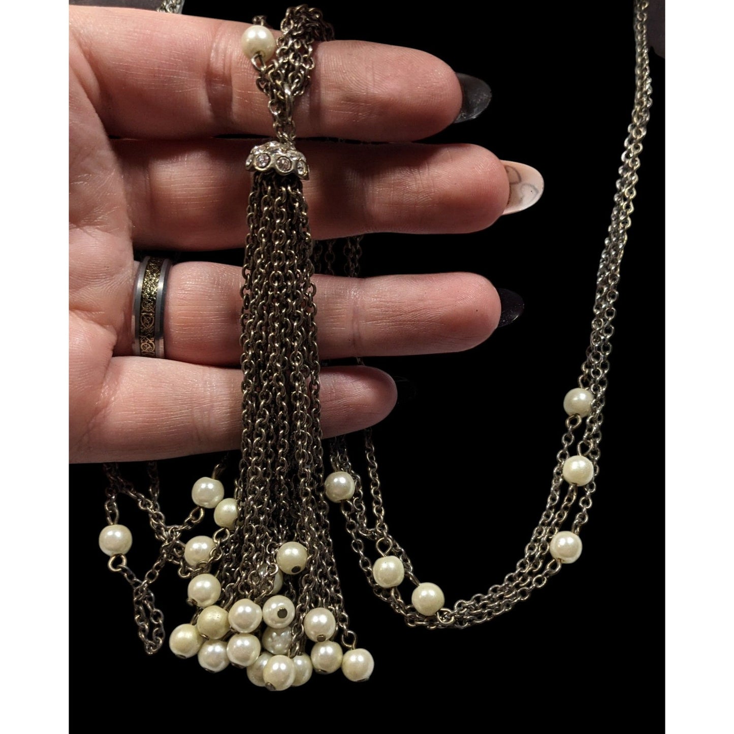 Vintage Multistrand Faux Pearl Chain Tassel Necklace With Rhinestone Accents