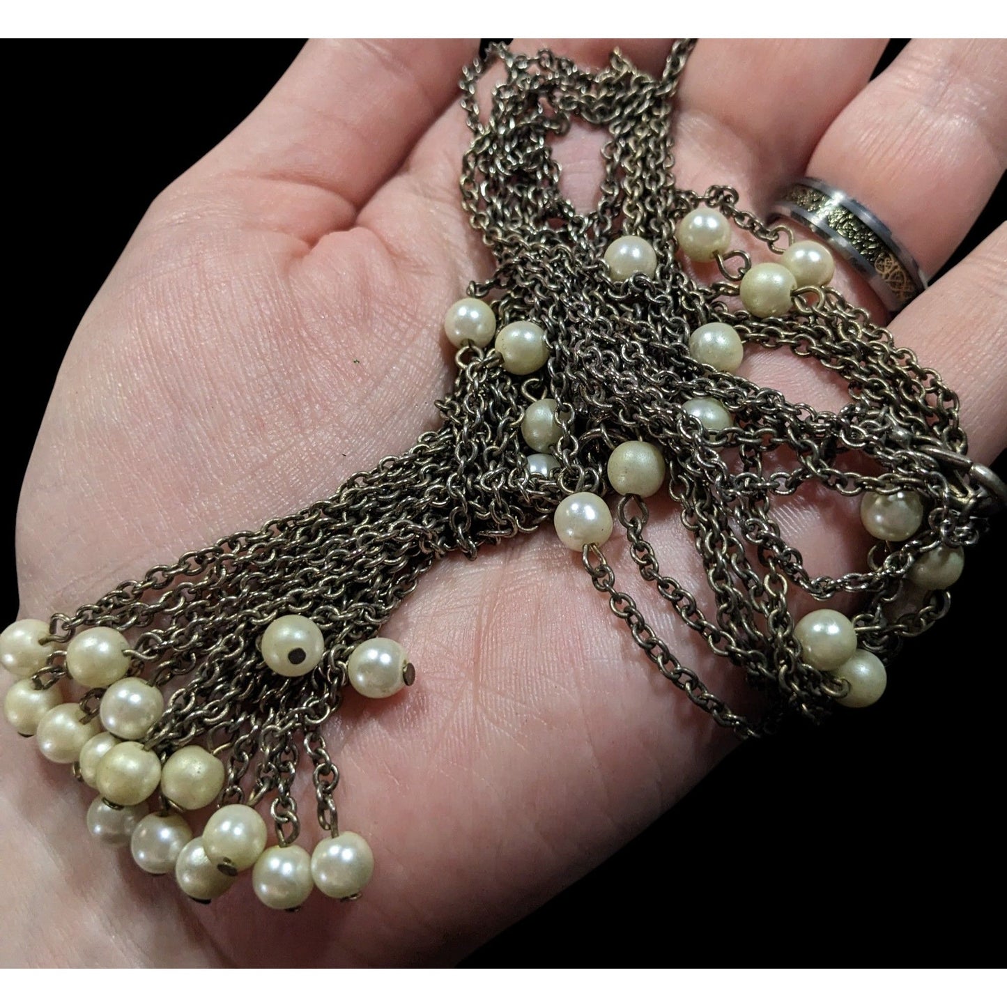 Vintage Multistrand Faux Pearl Chain Tassel Necklace With Rhinestone Accents