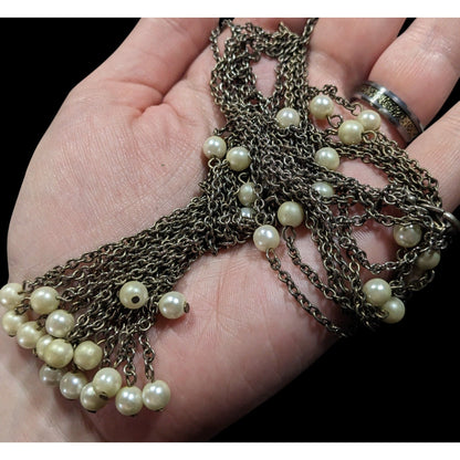 Vintage Multistrand Faux Pearl Chain Tassel Necklace With Rhinestone Accents