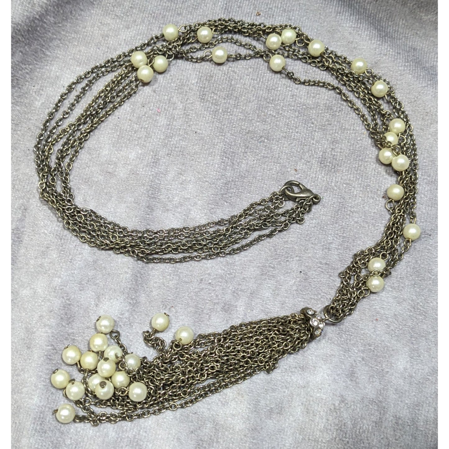Vintage Multistrand Faux Pearl Chain Tassel Necklace With Rhinestone Accents