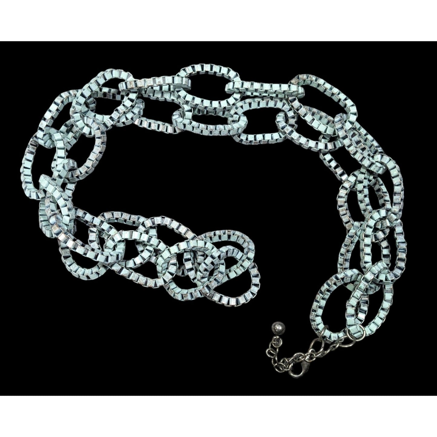 Chunky Vintage Light Blue Painted Box Chain Ring Necklace