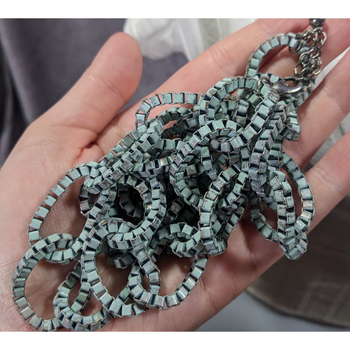 Chunky Vintage Light Blue Painted Box Chain Ring Necklace