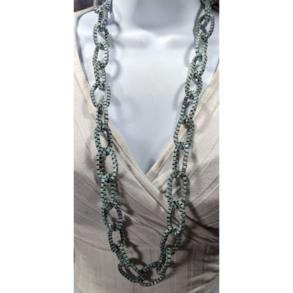 Chunky Vintage Light Blue Painted Box Chain Ring Necklace