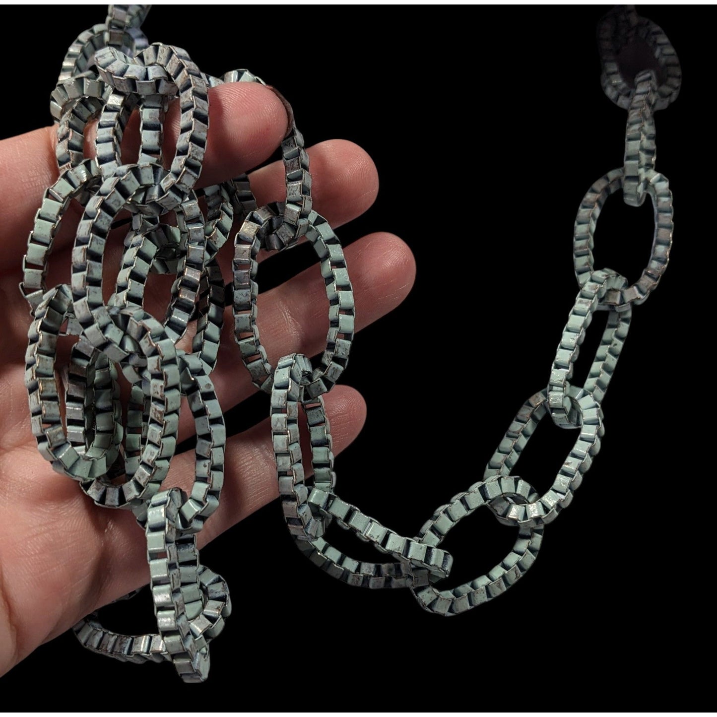 Chunky Vintage Light Blue Painted Box Chain Ring Necklace