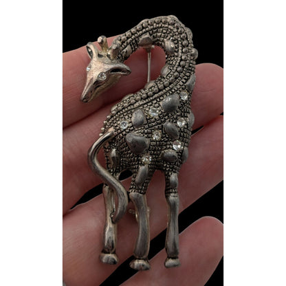 Vintage Premier Designs Giraffe Brooch Silver Tone Rhinestone Safari Glam Animal Pin