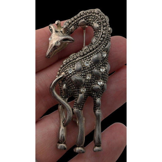 Vintage Premier Designs Giraffe Brooch Silver Tone Rhinestone Safari Glam Animal Pin