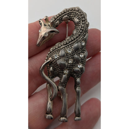 Vintage Premier Designs Giraffe Brooch Silver Tone Rhinestone Safari Glam Animal Pin