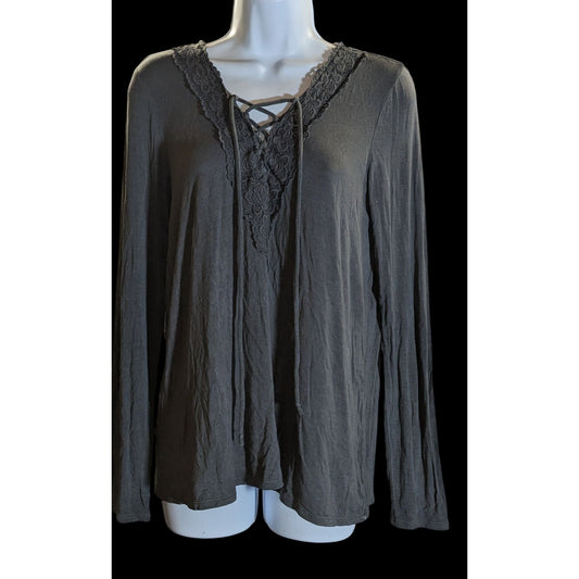 American Eagle Soft & Sexy Lace Up Top Grey Long Sleeve Medieval Lounge
