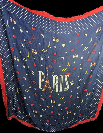 Talbots Paris-Themed Scarf With Eiffel Tower Print Navy Blue & Red Fringed Edges