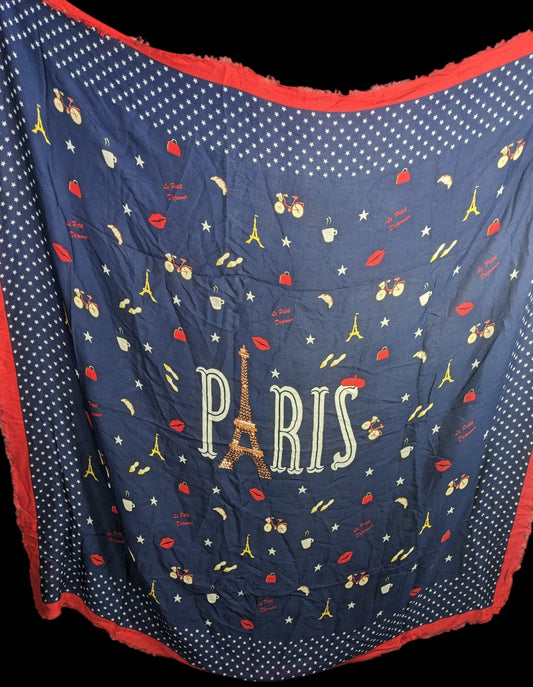 Talbots Paris-Themed Scarf With Eiffel Tower Print Navy Blue & Red Fringed Edges