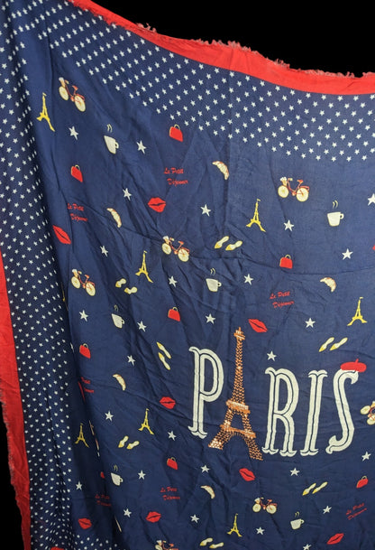Talbots Paris-Themed Scarf With Eiffel Tower Print Navy Blue & Red Fringed Edges