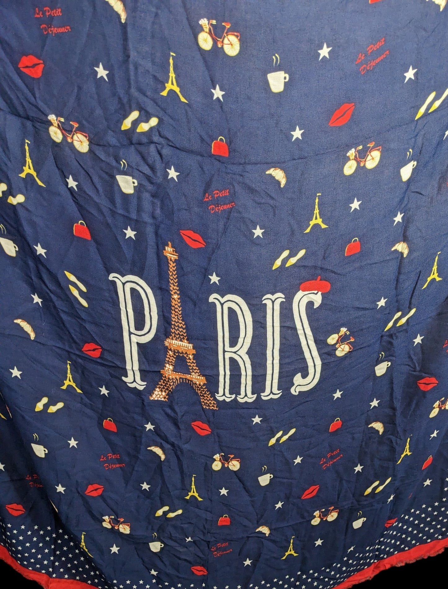 Talbots Paris-Themed Scarf With Eiffel Tower Print Navy Blue & Red Fringed Edges