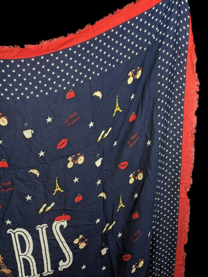 Talbots Paris-Themed Scarf With Eiffel Tower Print Navy Blue & Red Fringed Edges