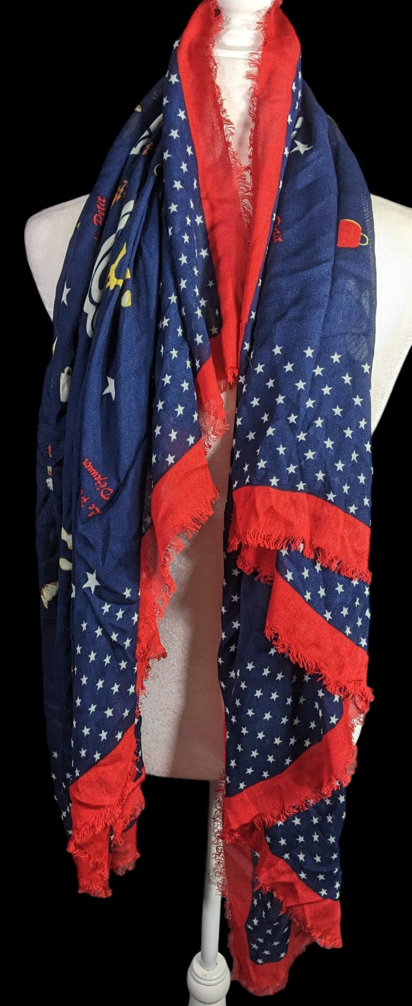 Talbots Paris-Themed Scarf With Eiffel Tower Print Navy Blue & Red Fringed Edges
