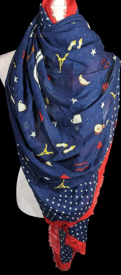 Talbots Paris-Themed Scarf With Eiffel Tower Print Navy Blue & Red Fringed Edges