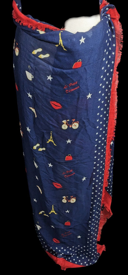Talbots Paris-Themed Scarf With Eiffel Tower Print Navy Blue & Red Fringed Edges