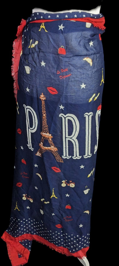 Talbots Paris-Themed Scarf With Eiffel Tower Print Navy Blue & Red Fringed Edges