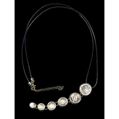 Vintage Brutalist Graduated Disc Pendant Silver Tone And Black Necklace