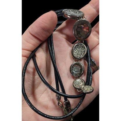 Vintage Brutalist Graduated Disc Pendant Silver Tone And Black Necklace