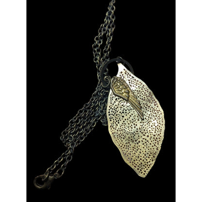 Antiqued Gold Tone Floral Wing Charm Pendant Necklace