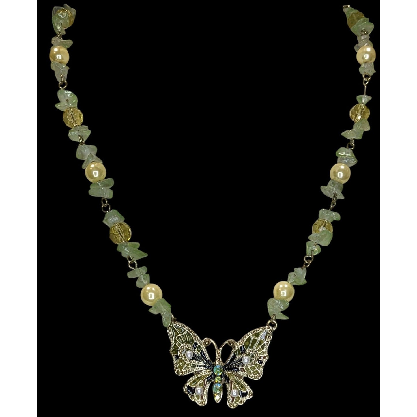 Fairycore Butterfly Pendant Necklace Prasiolite Faux Pearl Yellow Green Gold Beaded