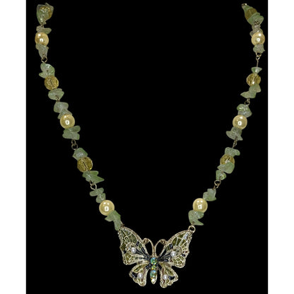 Fairycore Butterfly Pendant Necklace Prasiolite Faux Pearl Yellow Green Gold Beaded