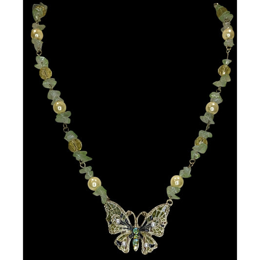 Fairycore Butterfly Pendant Necklace Prasiolite Faux Pearl Yellow Green Gold Beaded