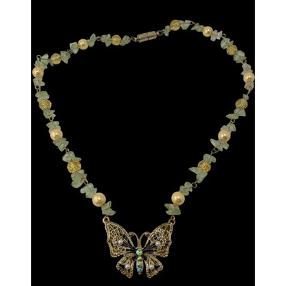 Fairycore Butterfly Pendant Necklace Prasiolite Faux Pearl Yellow Green Gold Beaded
