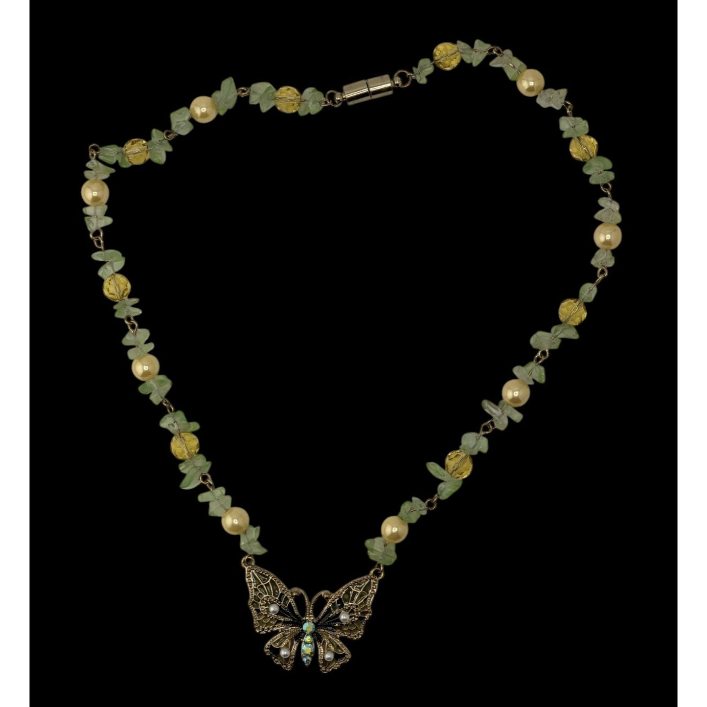 Fairycore Butterfly Pendant Necklace Prasiolite Faux Pearl Yellow Green Gold Beaded