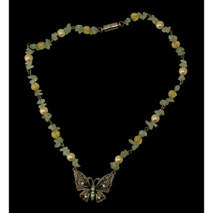 Fairycore Butterfly Pendant Necklace Prasiolite Faux Pearl Yellow Green Gold Beaded