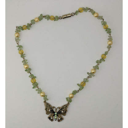 Fairycore Butterfly Pendant Necklace Prasiolite Faux Pearl Yellow Green Gold Beaded