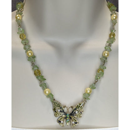 Fairycore Butterfly Pendant Necklace Prasiolite Faux Pearl Yellow Green Gold Beaded