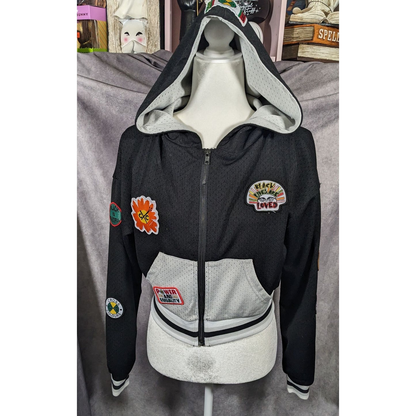 Cross Colours Black Pride Patch Black And Grey Zip Up Hoodie Size XS