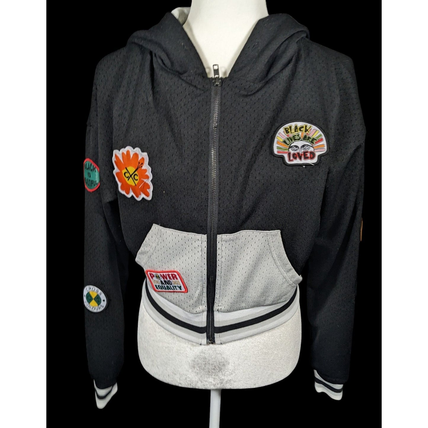 Cross Colours Black Pride Patch Black And Grey Zip Up Hoodie Size XS