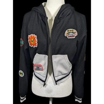 Cross Colours Black Pride Patch Black And Grey Zip Up Hoodie Size XS