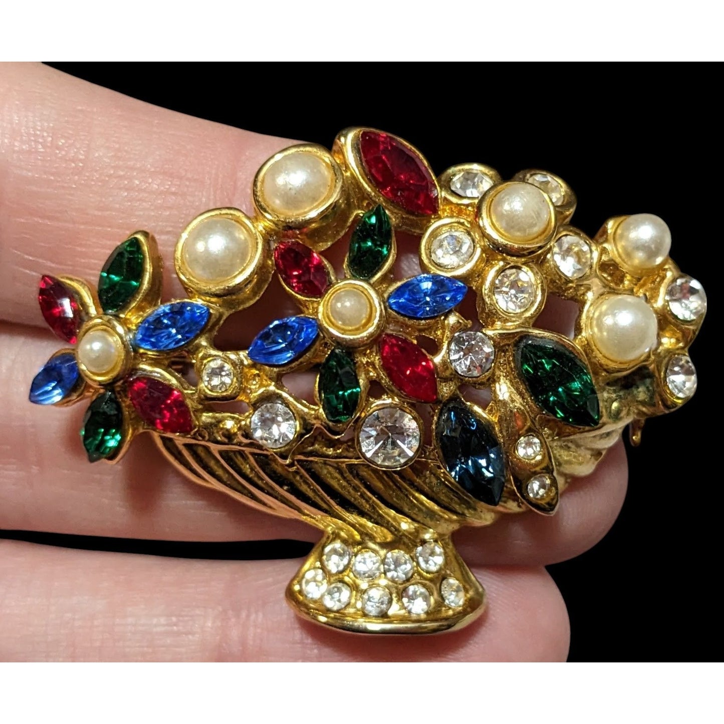 Vintage Floral Basket Glam Rhinestone Brooch