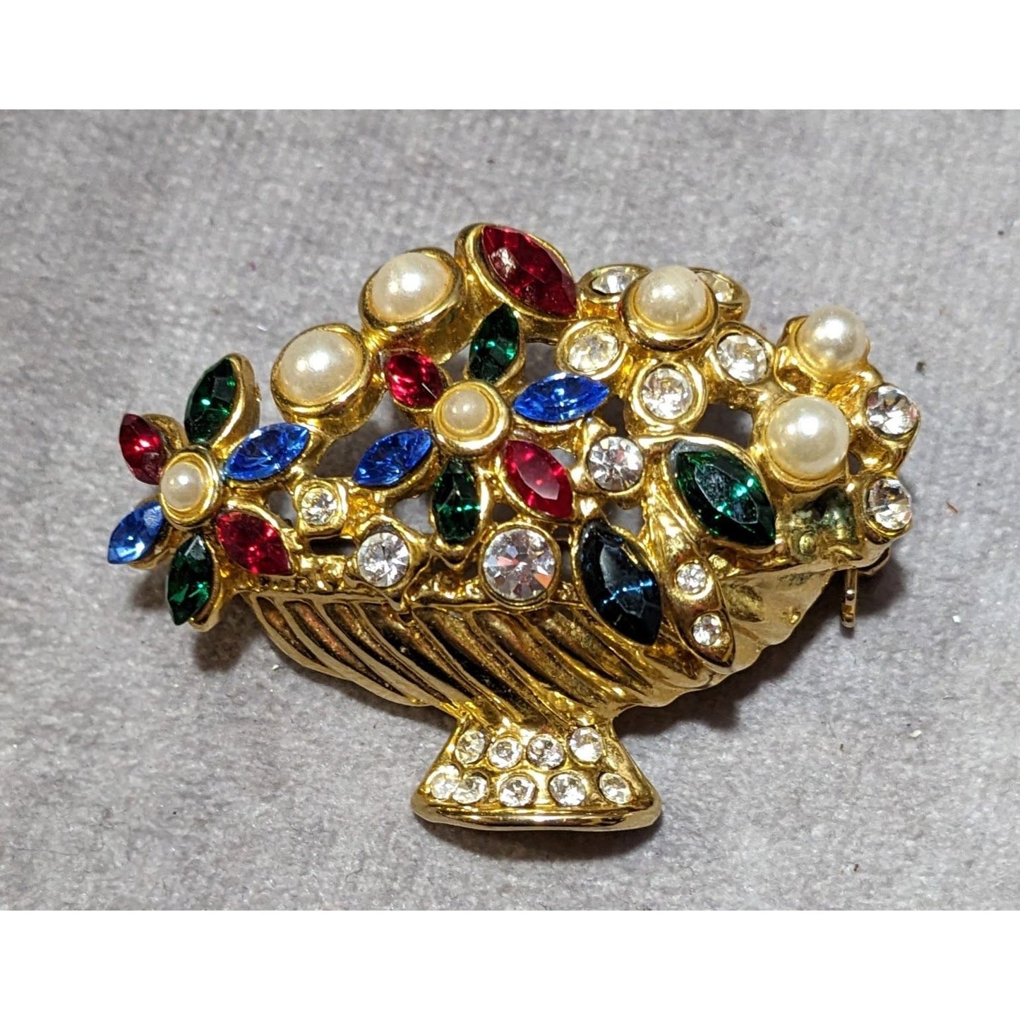 Vintage Floral Basket Glam Rhinestone Brooch