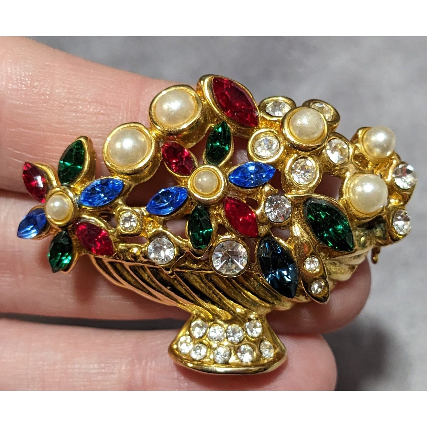 Vintage Floral Basket Glam Rhinestone Brooch