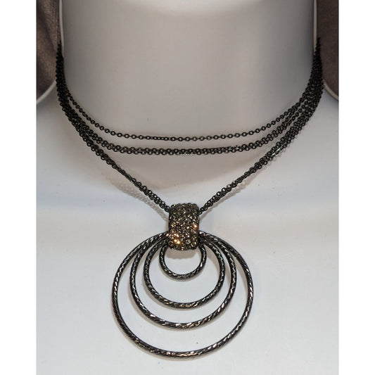 Glam Goth Black Tone Layered Circle Pendant Necklace