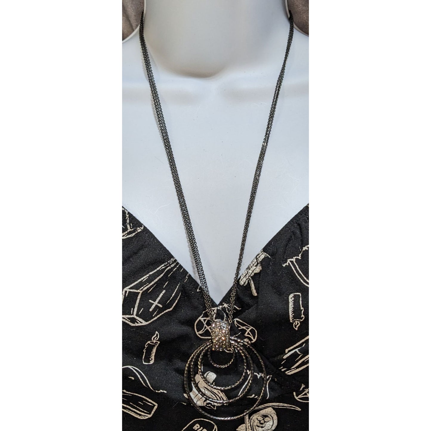 Glam Goth Black Tone Layered Circle Pendant Necklace