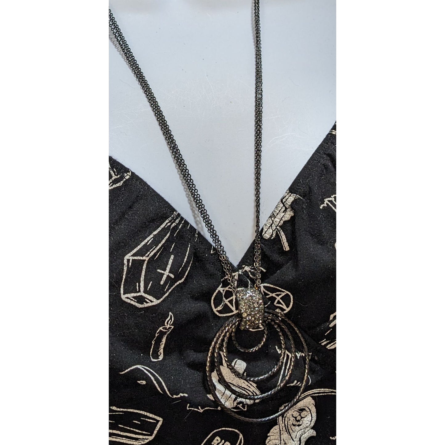 Glam Goth Black Tone Layered Circle Pendant Necklace