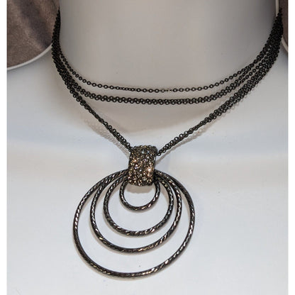 Glam Goth Black Tone Layered Circle Pendant Necklace