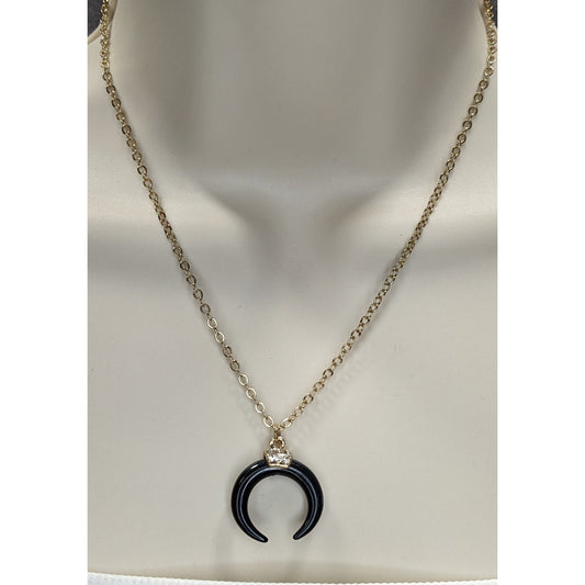 Crescent Moon Pendant Necklace Black Gold Tone Gothic Witchy Celestial Jewelry