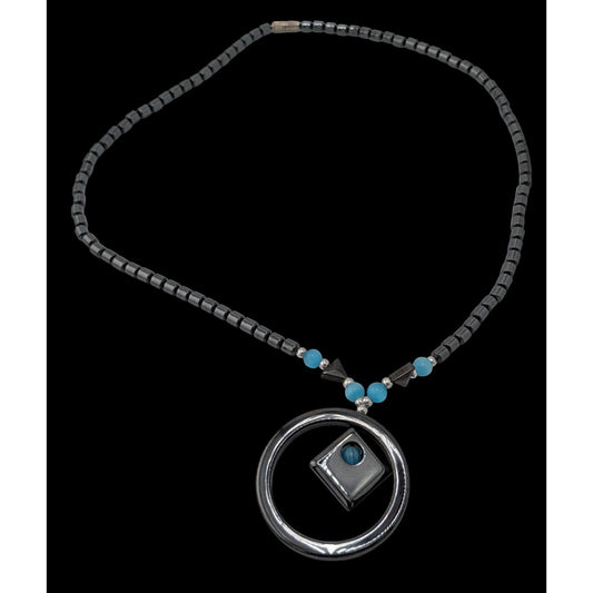 Hematite Geometric Beaded Pendant Necklace With Blue Cateye Glass Accents