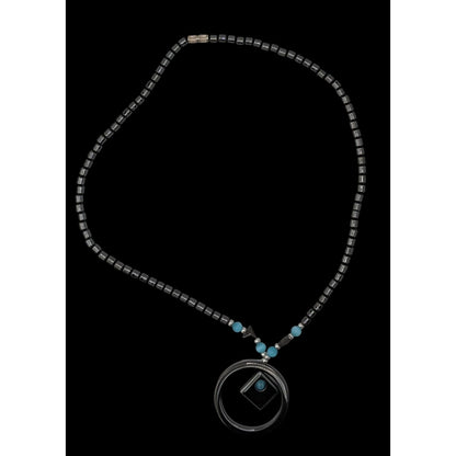 Hematite Geometric Beaded Pendant Necklace With Blue Cateye Glass Accents
