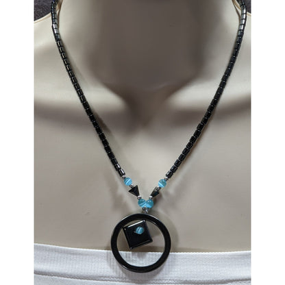 Hematite Geometric Beaded Pendant Necklace With Blue Cateye Glass Accents