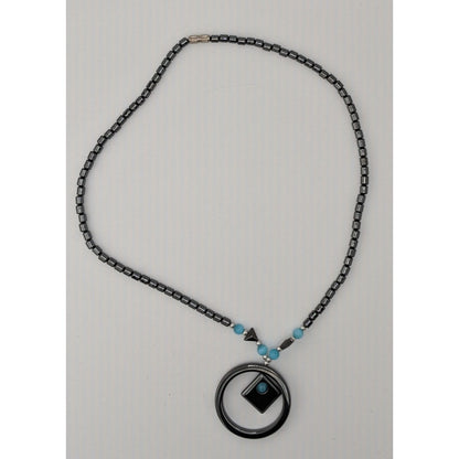 Hematite Geometric Beaded Pendant Necklace With Blue Cateye Glass Accents